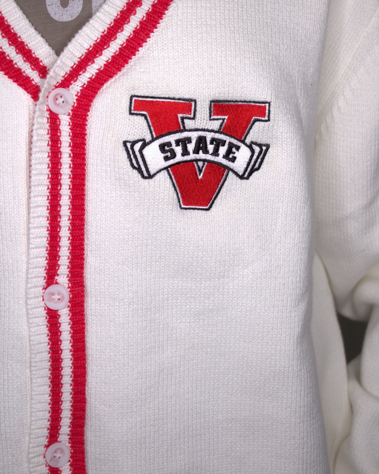 Unisex Collegiate Knit Cardigan - White with Red Stripes