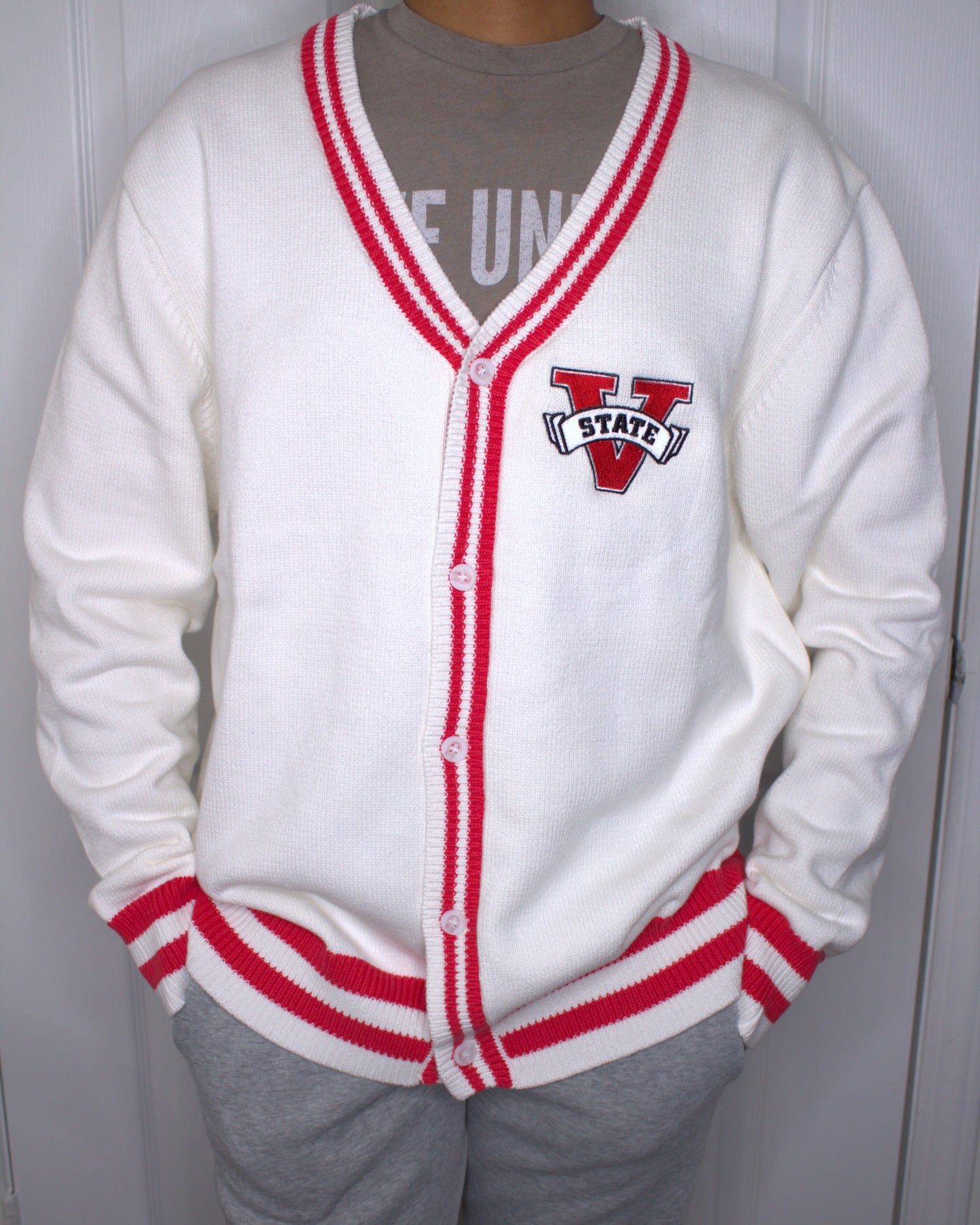Unisex Collegiate Knit Cardigan - White with Red Stripes