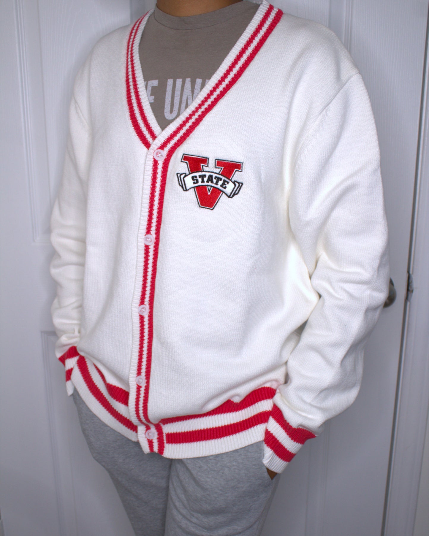 Unisex Collegiate Knit Cardigan - White with Red Stripes
