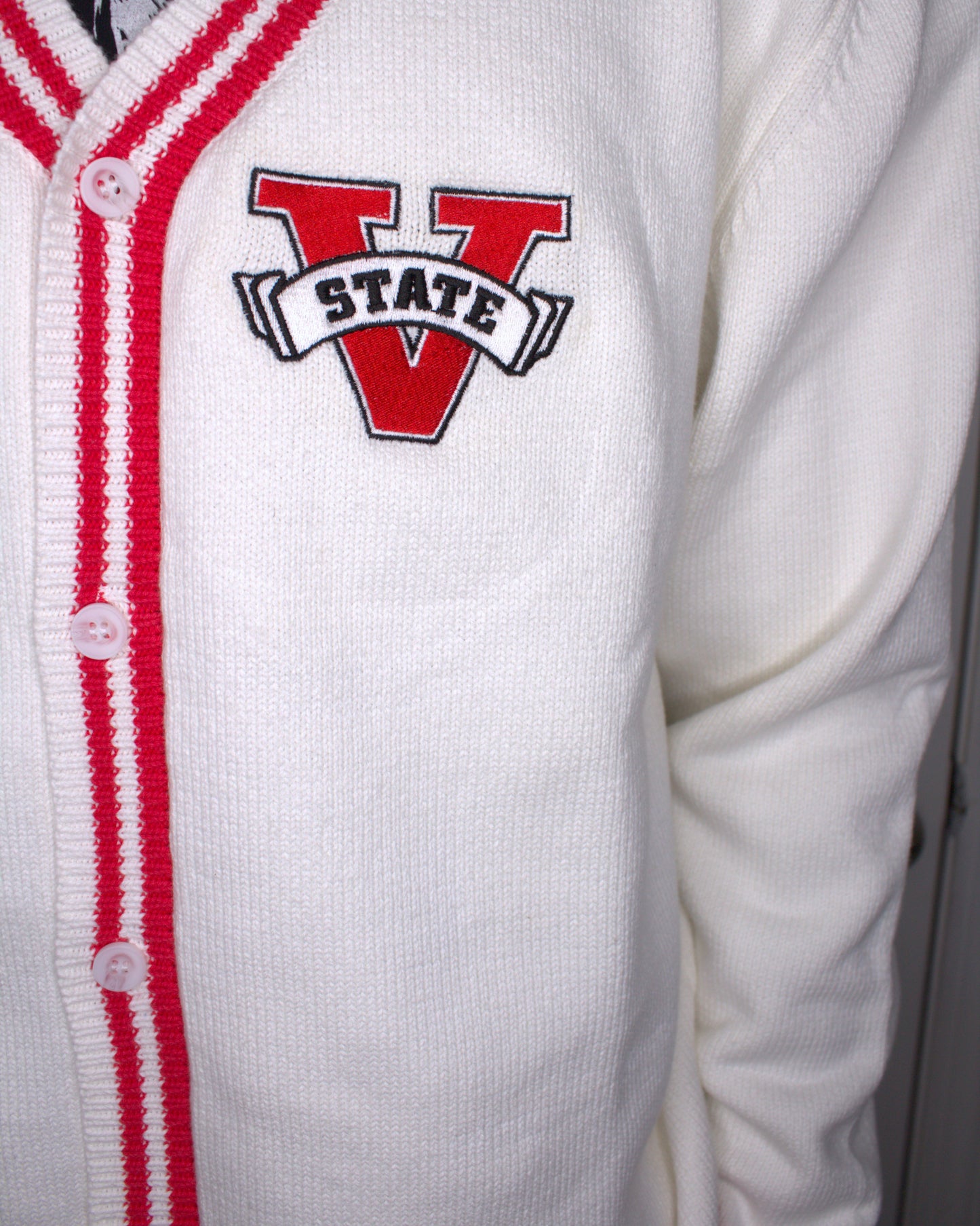 Unisex Collegiate Knit Cardigan - White with Red Stripes