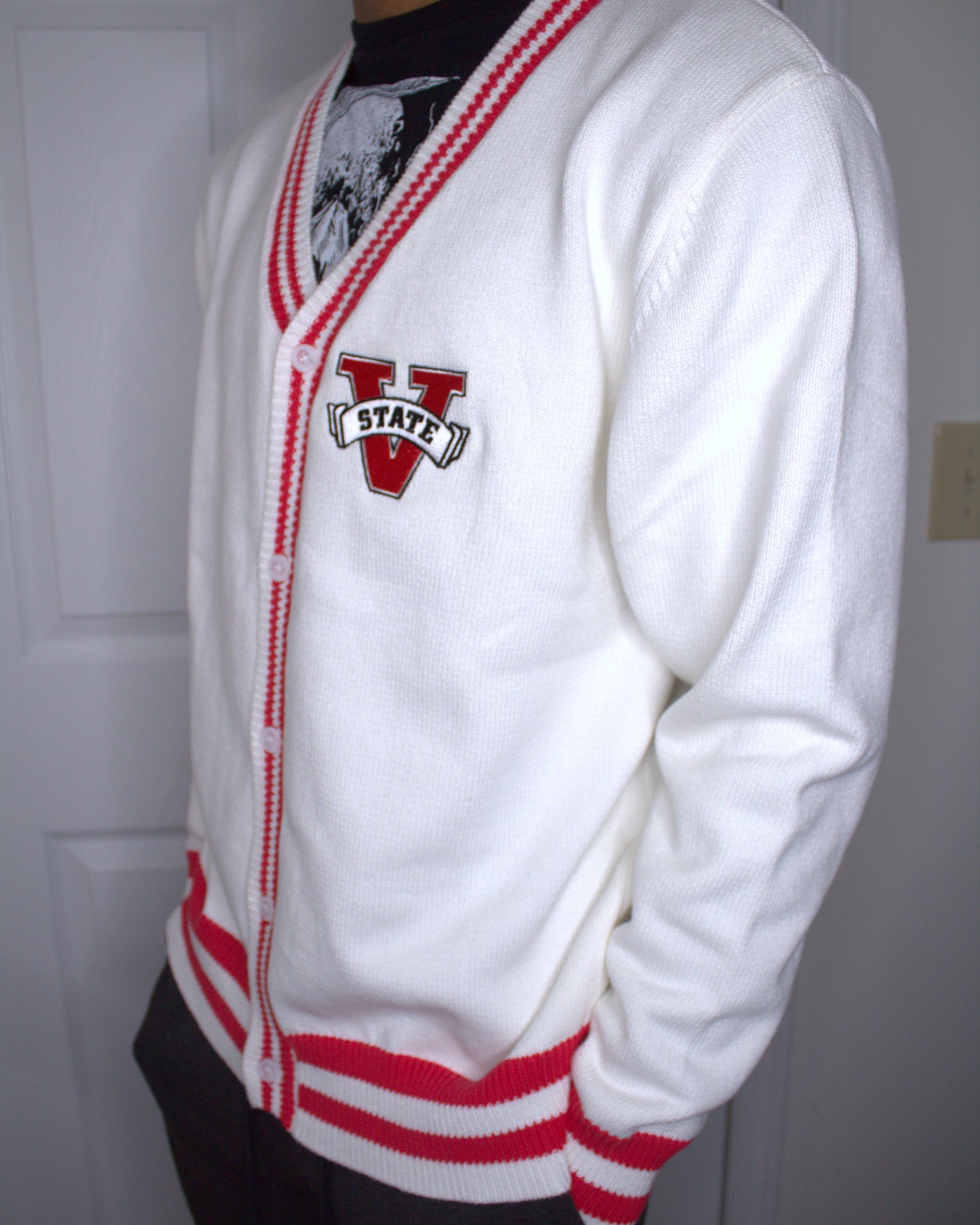 Unisex Collegiate Knit Cardigan - White with Red Stripes