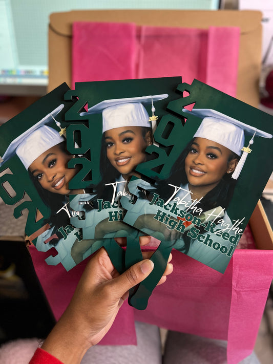 Graduation Hand Fans, GradFans, Custom Face Fans with Handles, Custom Graduation Fans, Sublimation