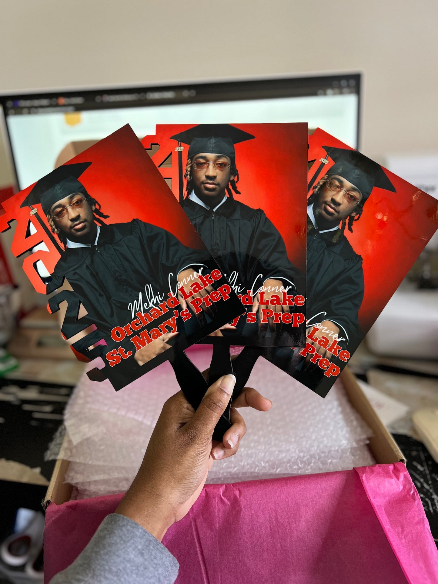 Graduation Hand Fans, GradFans, Custom Face Fans with Handles, Custom Graduation Fans, Sublimation