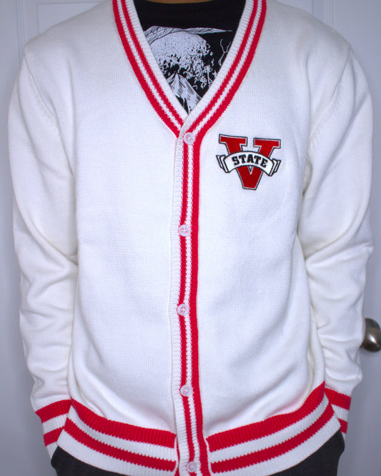 Unisex Collegiate Knit Cardigan - White with Red Stripes
